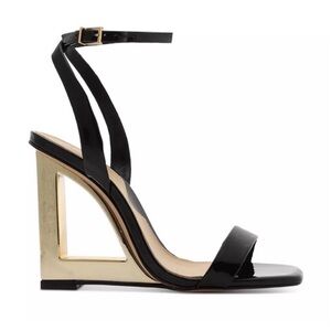 SCHUTZ Black Patent Ankle-Strap Sculptural Wedge Sandal with Cutout Size 10